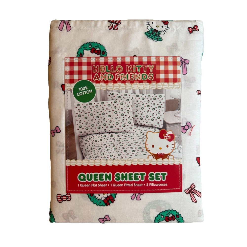 New Hello Kitty Christmas Bow Wreath Queen 4-pc Sheet Set‎ Sanrio Cotton Holiday